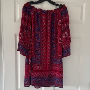 Kut from the Kloth Red and Blue Off-Shoulder Mini Dress